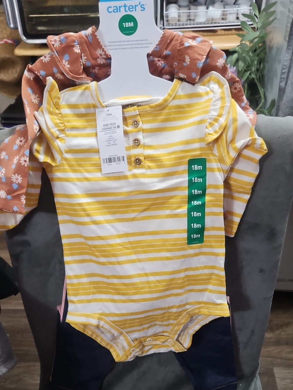 Carter's Yellow and White Stripe Ruffle-Shoulder One-Piece